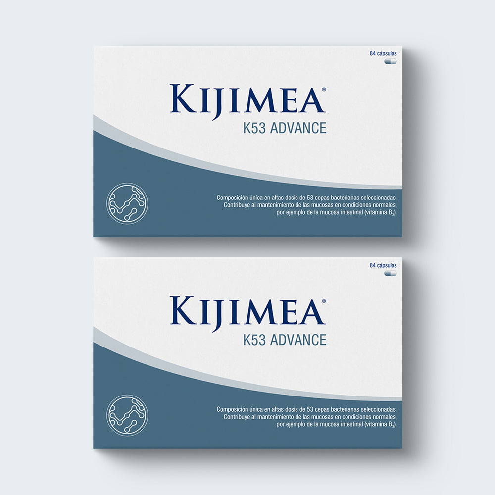 Envase de dos cajas de 84 cápsulas de Kijimea K53 Advance. Complemento alimenticio. Composición única en altas dosis de 53 cepas bacterianas seleccionadas. Contribuye al mantenimiento de las mucosas en condiciones normales, por ejemplo de la mucosa intestinal (vitaminas B3 y B7)