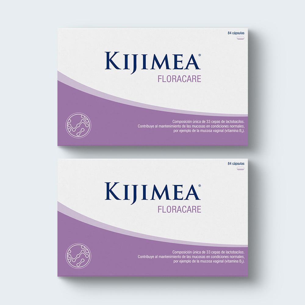 Envase de 168 cápsulas de Kijimea Flora Care. Complemento alimenticio. Composición única de 33 cepas de lactobacilos. Contribuye al mantenimiento de las mucosas en condiciones normales, por ejemplo de la mucosa vaginal (vitaminas B3, B7 y B2)