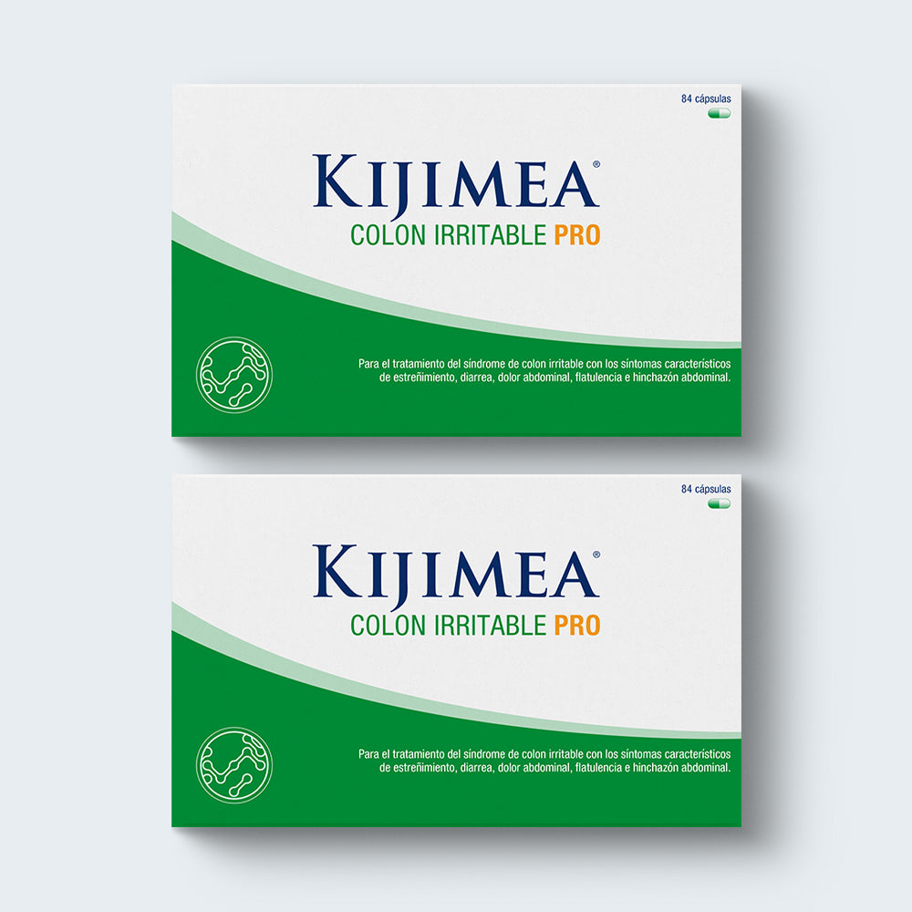 Envase de dos cajas de 84 cápsulas de Kijimea Colon Irritable PRO. Para el tratamiento del síndrome del colon irritable con los síntomas característicos de estreñimiento, diarrea, dolor abdominal, flatulencia e hinchazón abdominal.