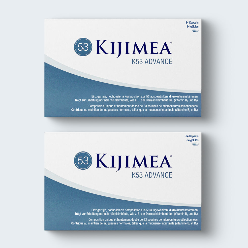 Envase de dos cajas de 84 cápsulas de Kijimea K53 Advance. Complemento alimenticio. Composición única en altas dosis de 53 cepas bacterianas seleccionadas. Contribuye al mantenimiento de las mucosas en condiciones normales, por ejemplo de la mucosa intestinal (vitaminas B3 y B7)