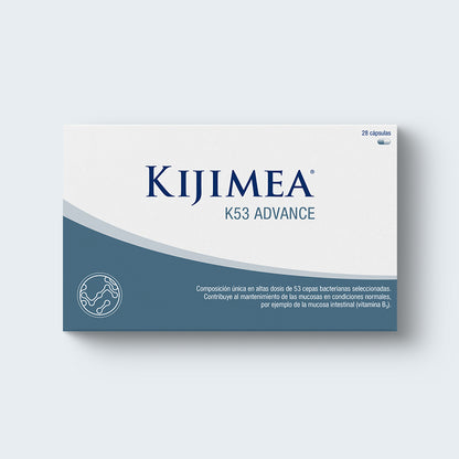 Envase de 28 cápsulas de Kijimea K53 Advance. Complemento alimenticio. Composición única en altas dosis de 53 cepas bacterianas seleccionadas. Contribuye al mantenimiento de las mucosas en condiciones normales, por ejemplo de la mucosa intestinal (vitaminas B3 y B7)