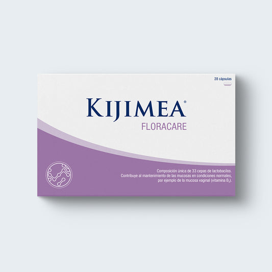 Envase de 28 cápsulas de Kijimea Flora Care. Complemento alimenticio. Composición única de 33 cepas de lactobacilos. Contribuye al mantenimiento de las mucosas en condiciones normales, por ejemplo de la mucosa vaginal (vitaminas B3, B7 y B2)